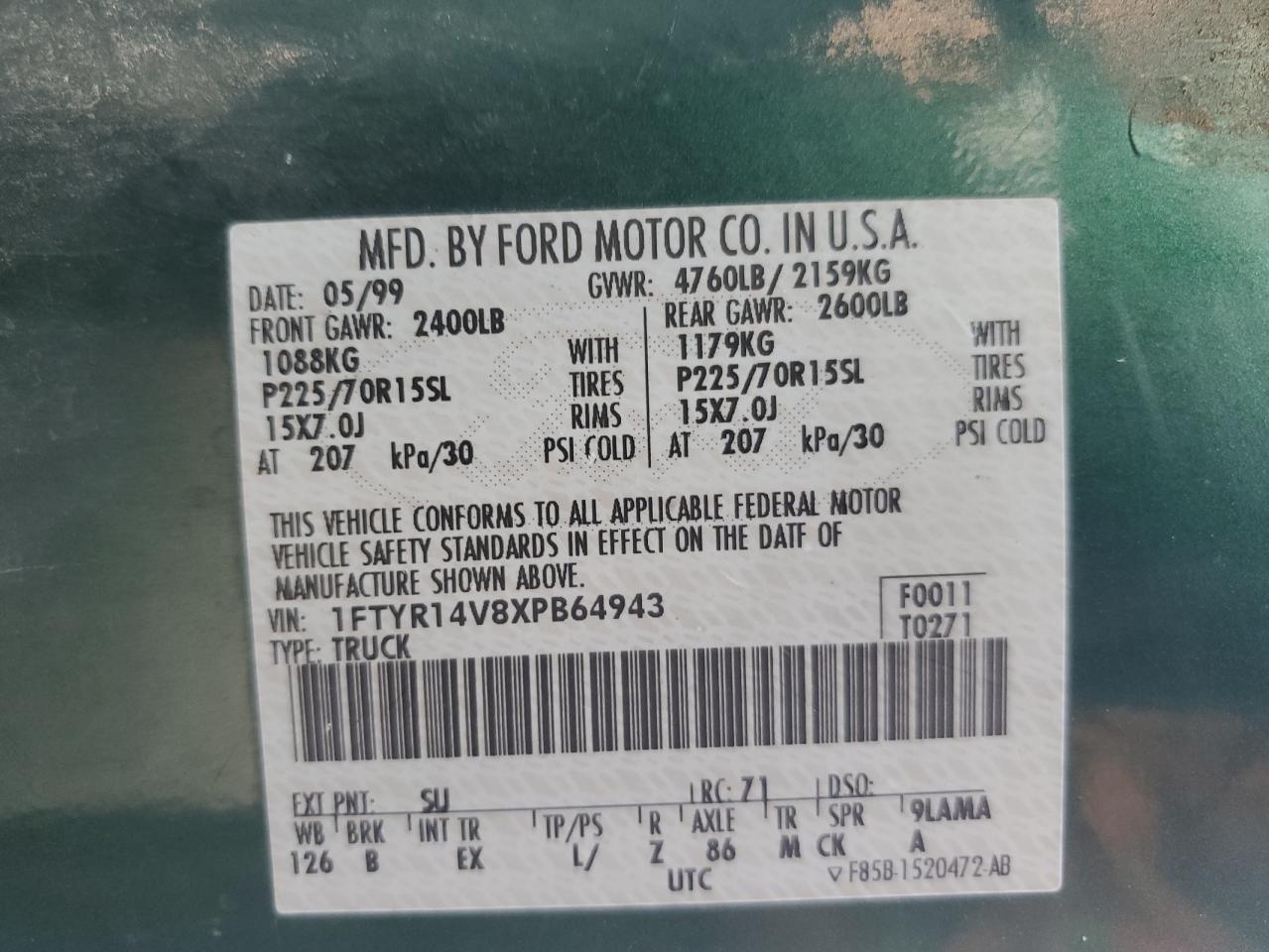 1999 Ford Ranger Super Cab VIN: 1FTYR14V8XPB64943 Lot: 84218475