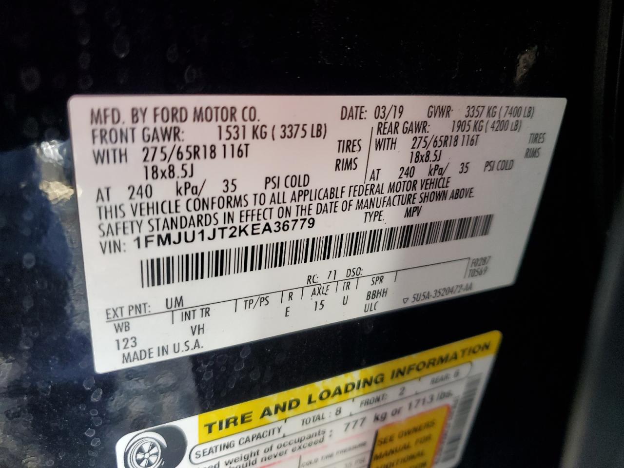 2019 Ford Expedition Xlt VIN: 1FMJU1JT2KEA36779 Lot: 81121095