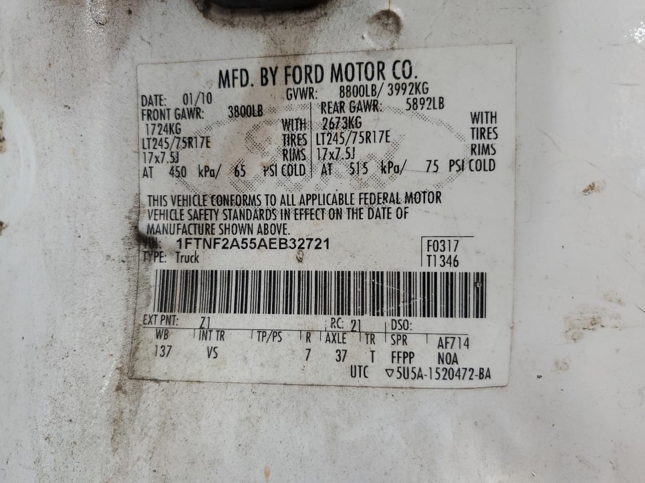 2010 Ford F250 Super Duty VIN: 1FTNF2A55AEB32721 Lot: 70881715