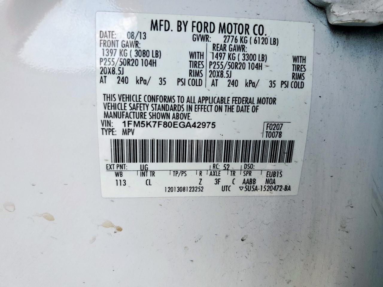 2014 Ford Explorer Limited VIN: 1FM5K7F80EGA42975 Lot: 80677465