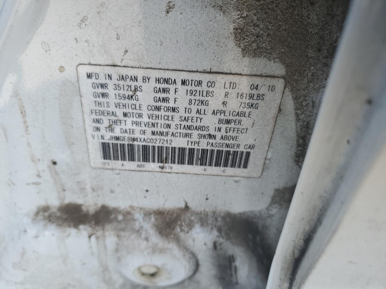 2010 Honda Fit Sport VIN: JHMGE8H4XAC027212 Lot: 81474475