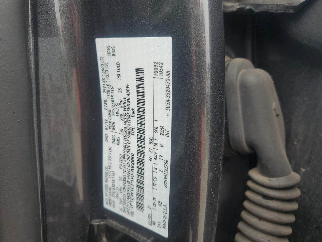 2019 Ford F150 Supercrew VIN: 1FTEW1EP1KFA92980 Lot: 84297305