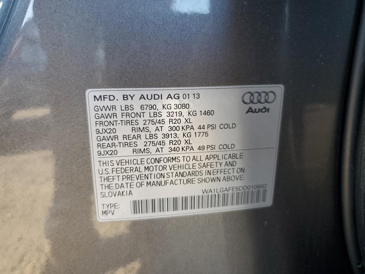 2013 Audi Q7 Premium Plus VIN: WA1LGAFE5DD010680 Lot: 84471465