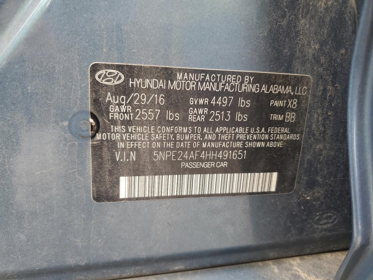 2017 Hyundai Sonata Se VIN: 5NPE24AF4HH491651 Lot: 71472835