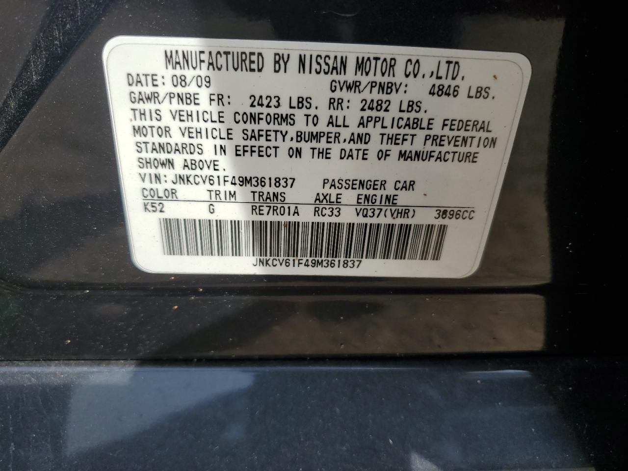 2009 Infiniti G37 VIN: JNKCV61F49M361837 Lot: 84558465