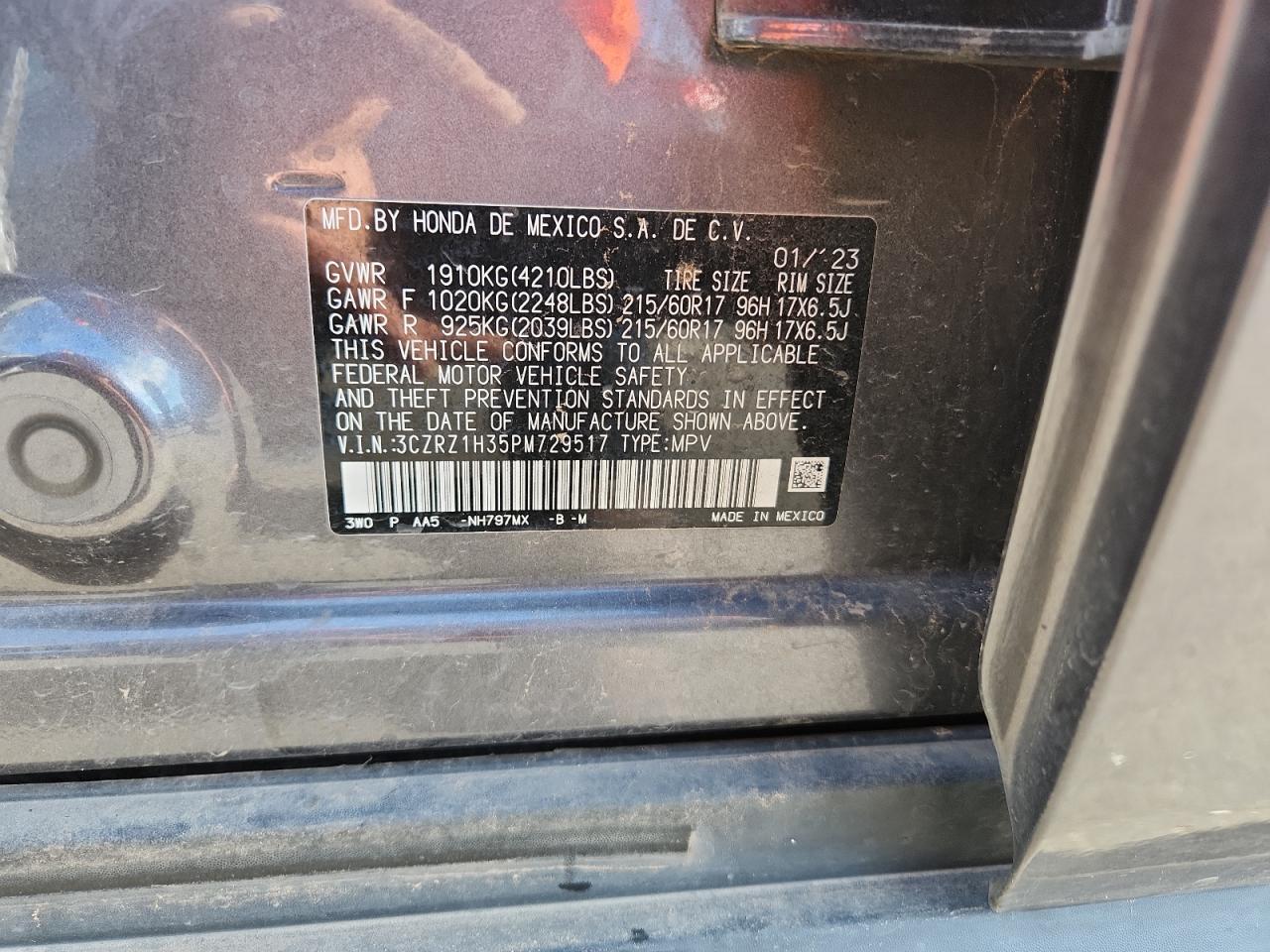 2023 Honda Hr-V Lx VIN: 3CZRZ1H35PM729517 Lot: 81267455