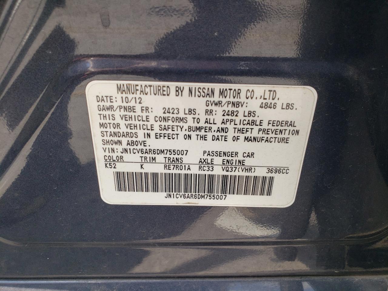 2013 Infiniti G37 VIN: JN1CV6AR6DM755007 Lot: 72047625