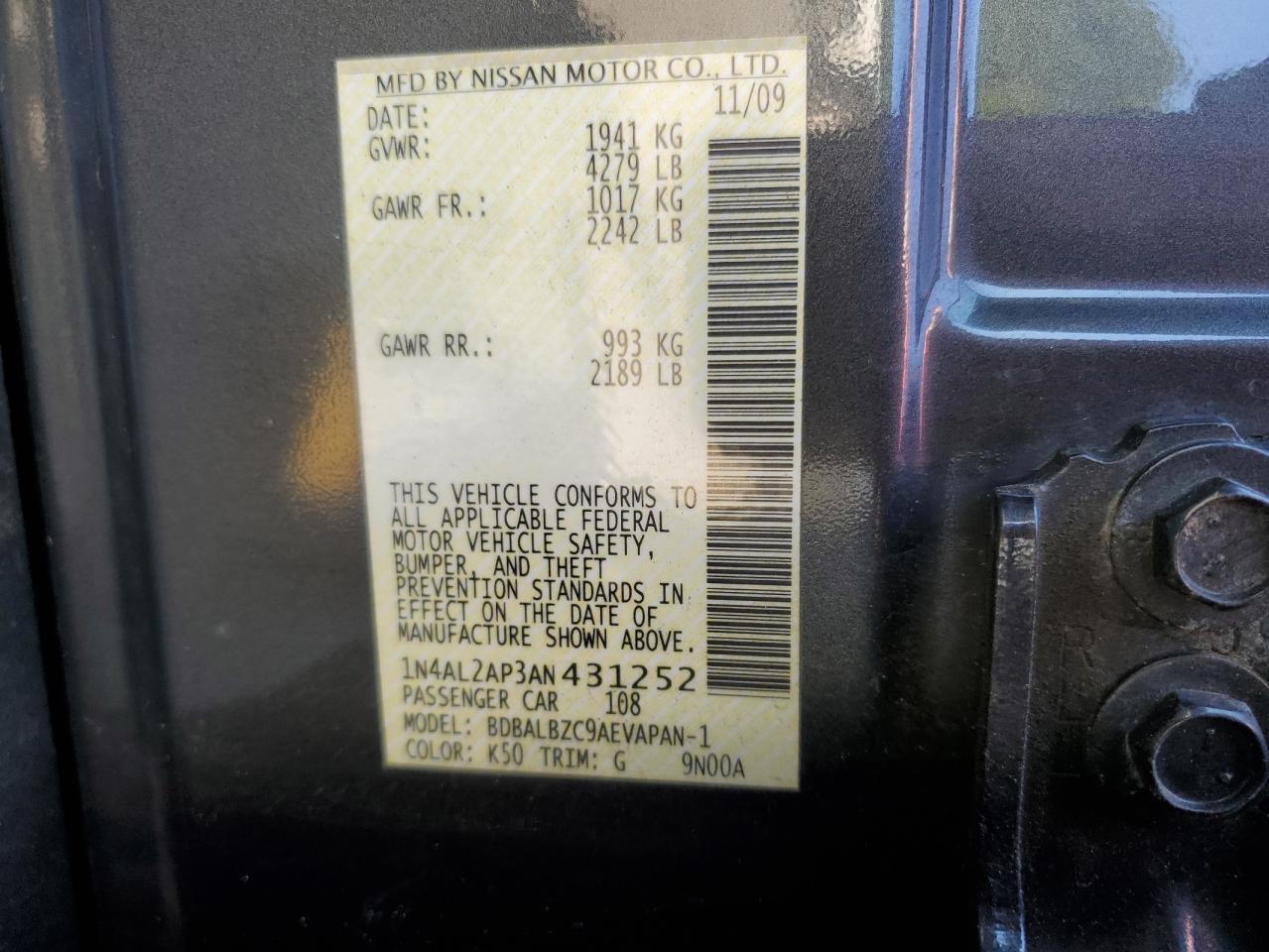 2010 Nissan Altima Base VIN: 1N4AL2AP3AN431252 Lot: 80398435