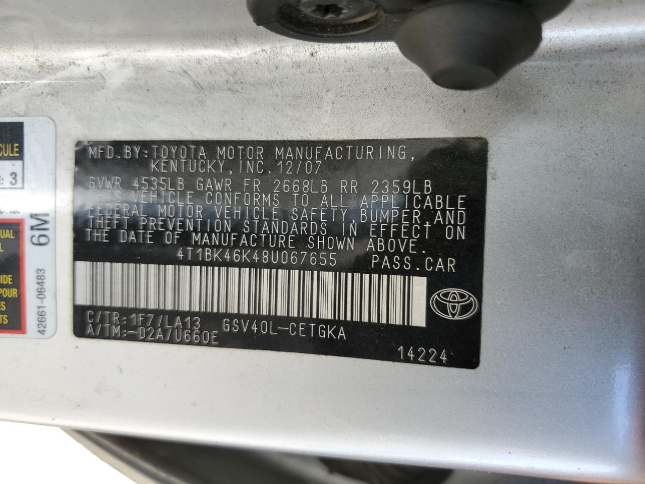 2008 Toyota Camry Le VIN: 4T1BK46K48U067655 Lot: 72099345