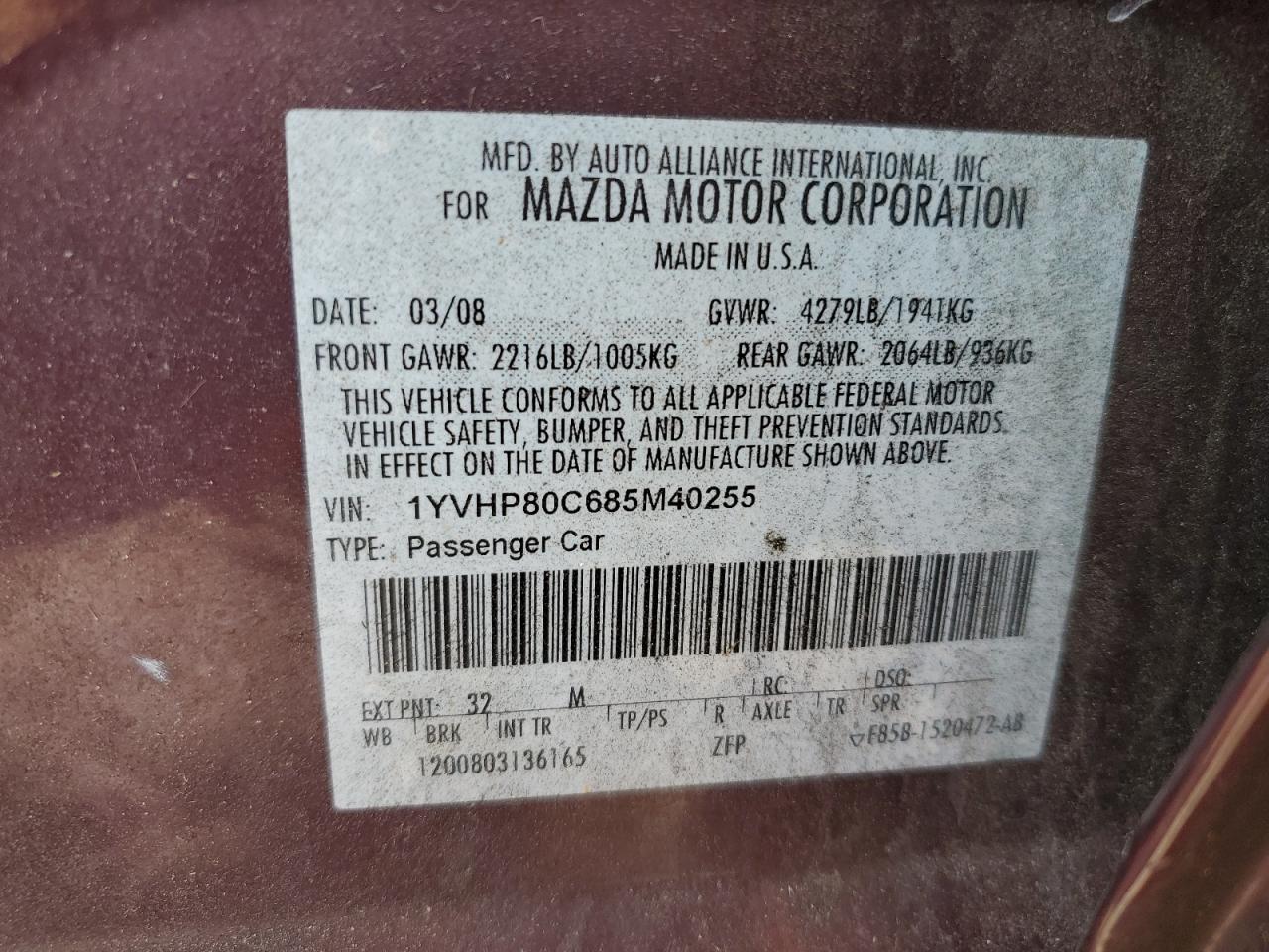 2008 Mazda 6 I VIN: 1YVHP80C685M40255 Lot: 80764375