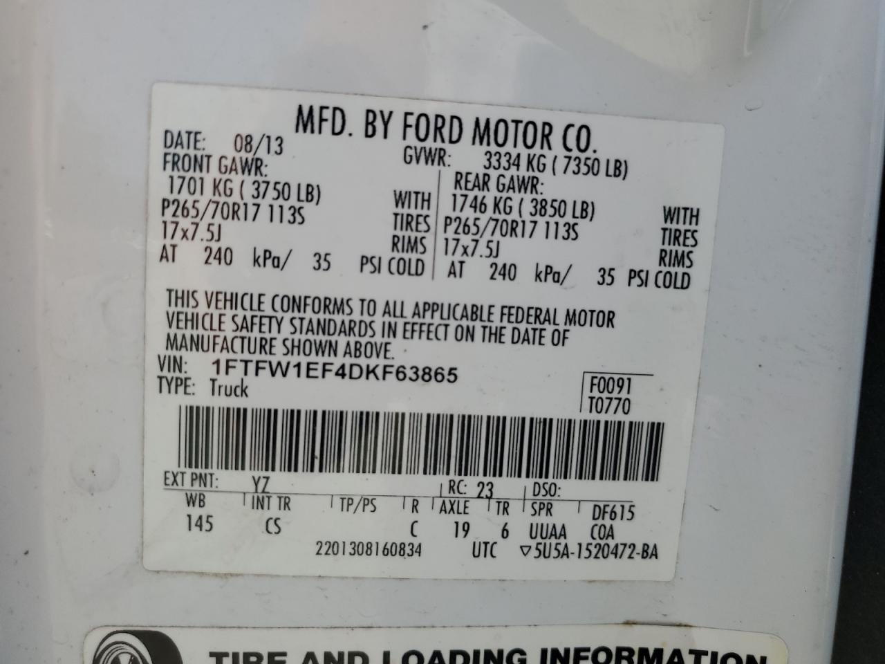 2013 Ford F150 Supercrew VIN: 1FTFW1EF4DKF63865 Lot: 80742075