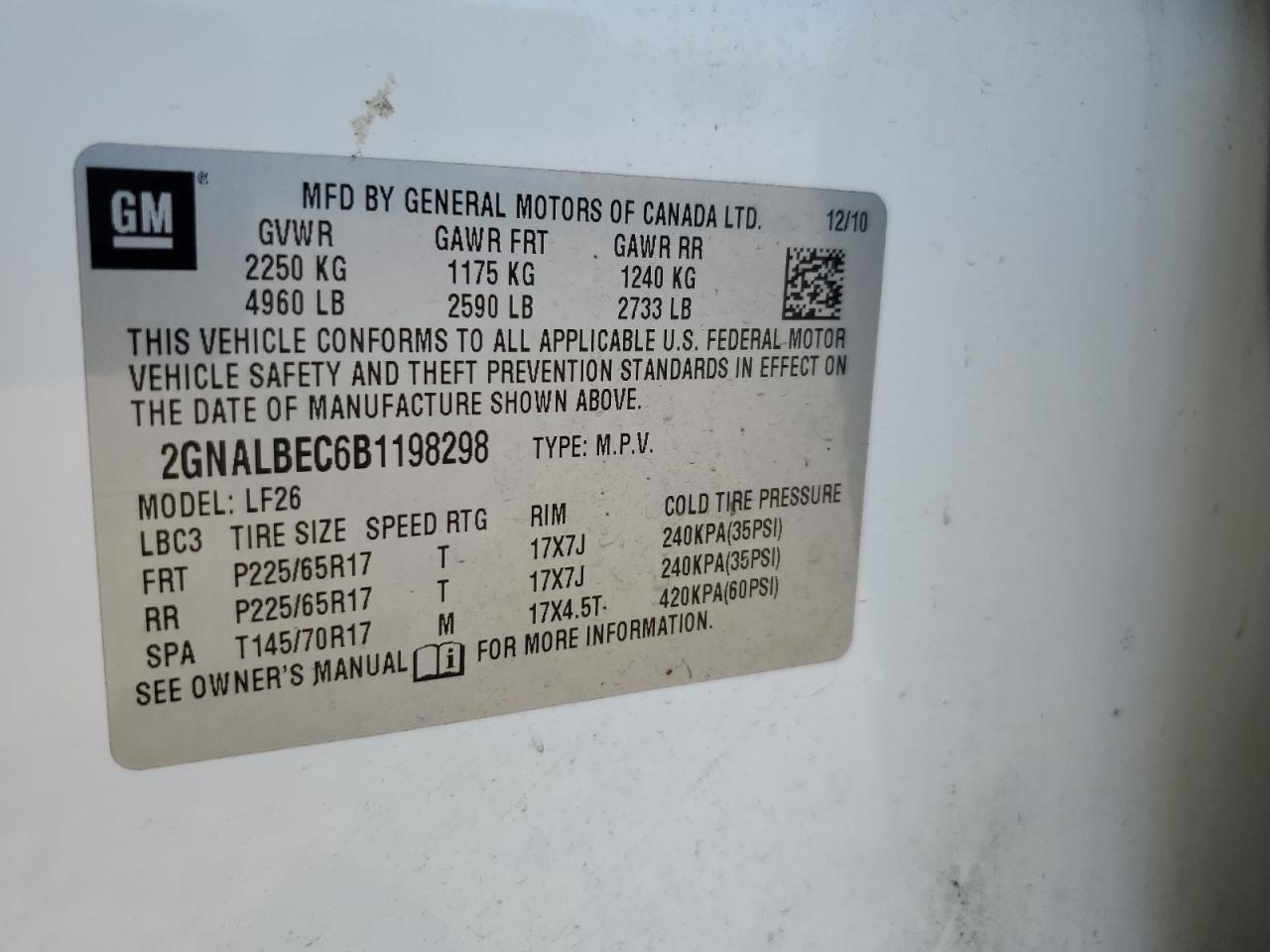 2011 Chevrolet Equinox Ls VIN: 2GNALBEC6B1198298 Lot: 81106755