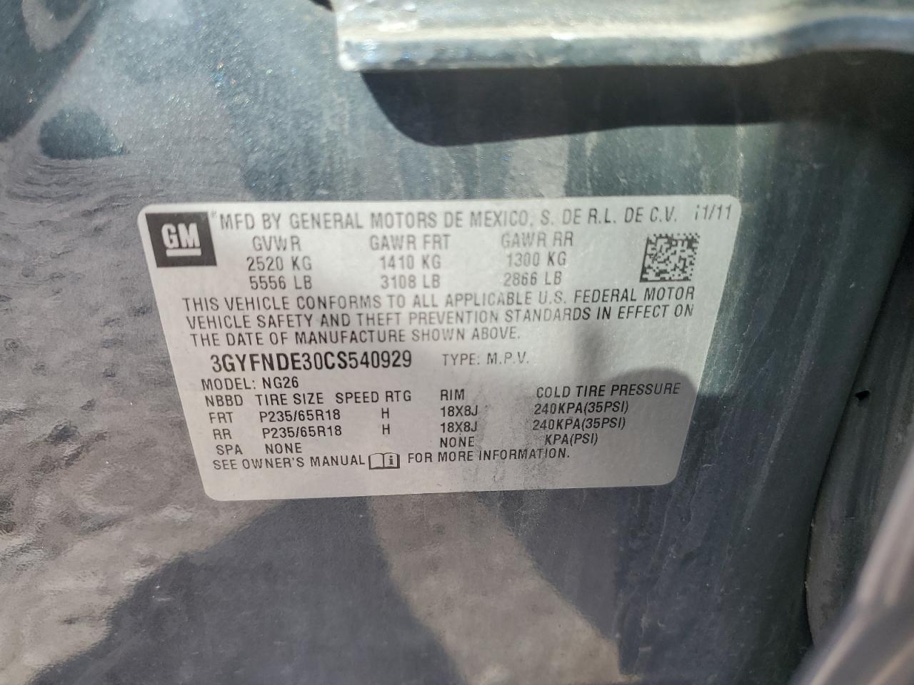 2012 Cadillac Srx Luxury Collection VIN: 3GYFNDE30CS540929 Lot: 84461595