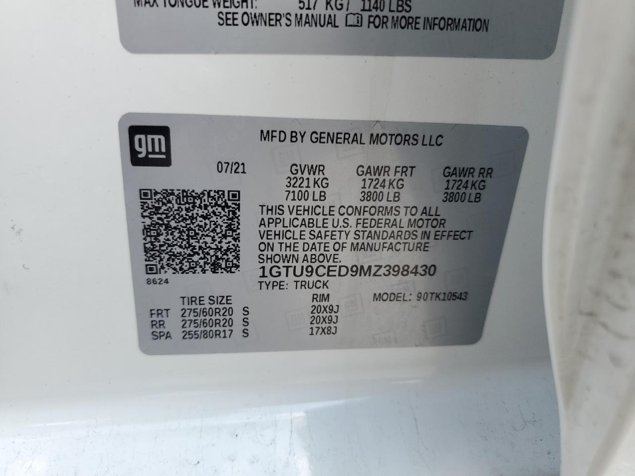 2021 GMC Sierra K1500 Elevation VIN: 1GTU9CED9MZ398430 Lot: 80172025