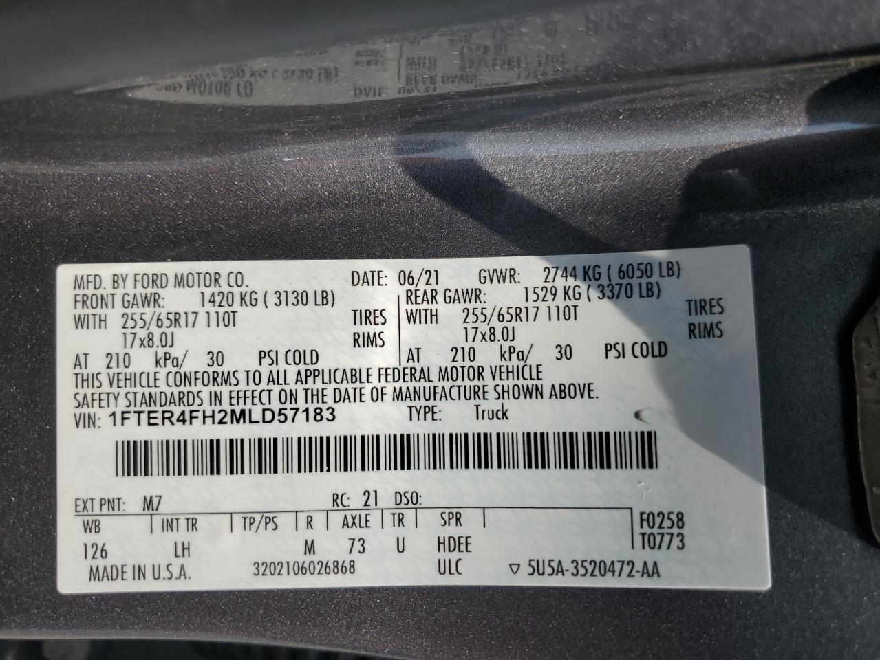 2021 Ford Ranger Xl VIN: 1FTER4FH2MLD57183 Lot: 80688245