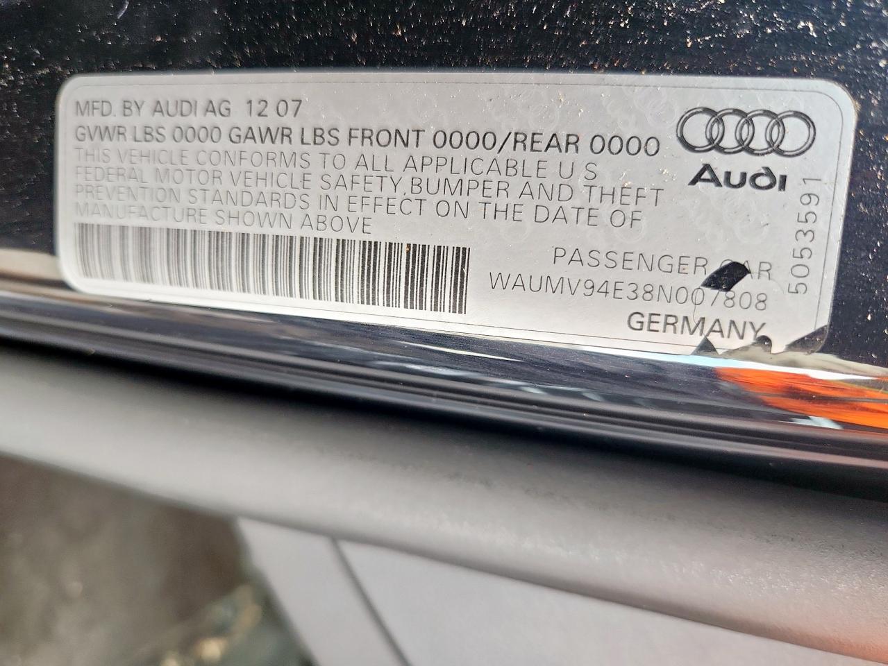 2008 Audi A8 L Quattro VIN: WAUMV94E38N007808 Lot: 71397585