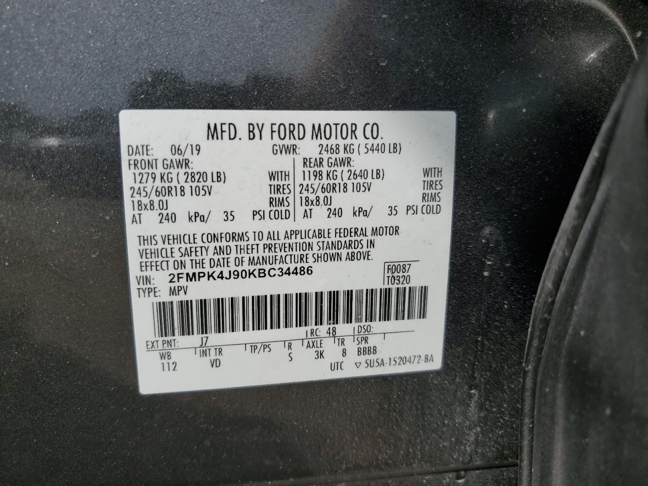 2019 Ford Edge Sel VIN: 2FMPK4J90KBC34486 Lot: 80833935