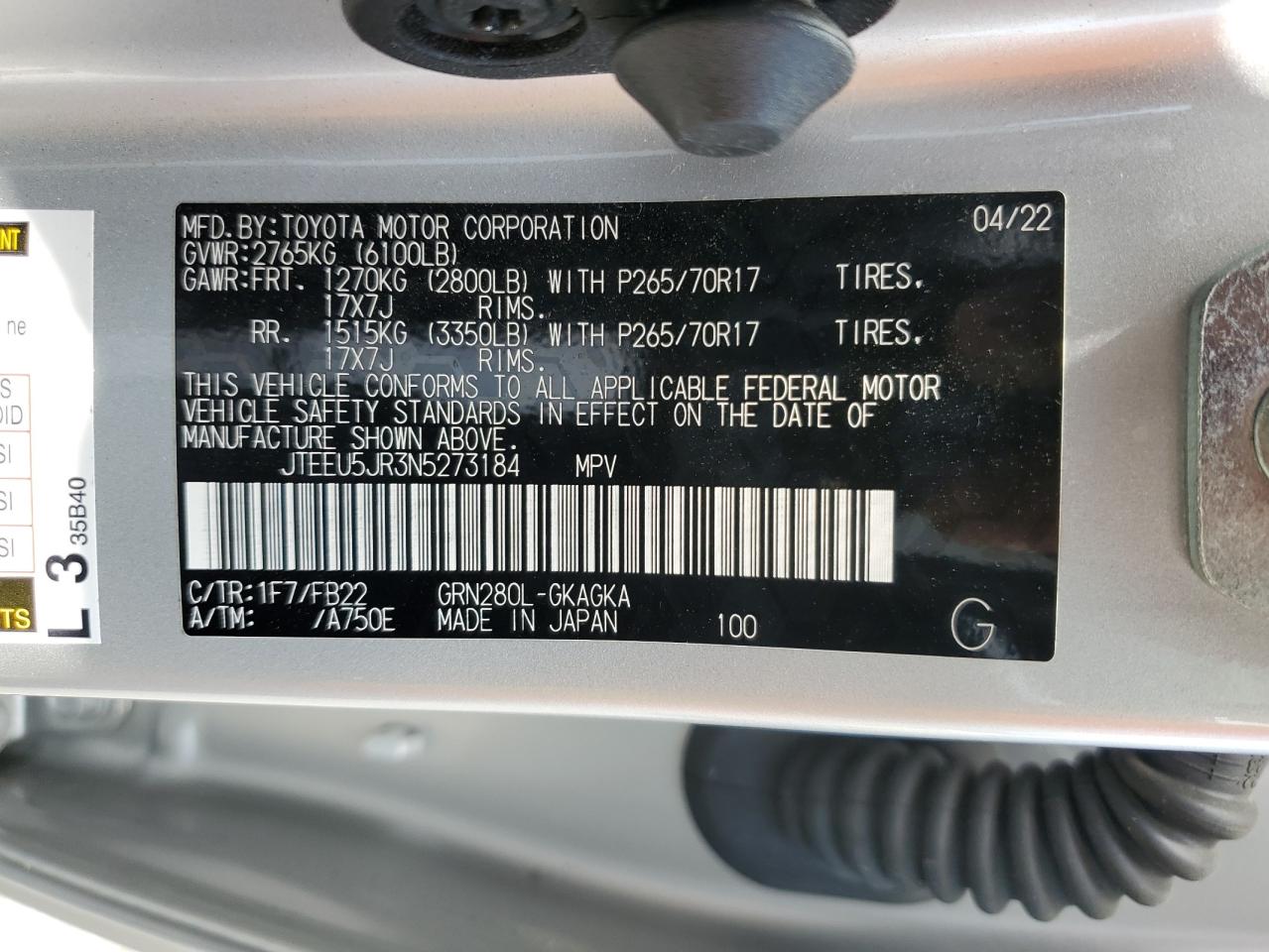 2022 Toyota 4Runner Sr5 VIN: JTEEU5JR3N5273184 Lot: 70949265