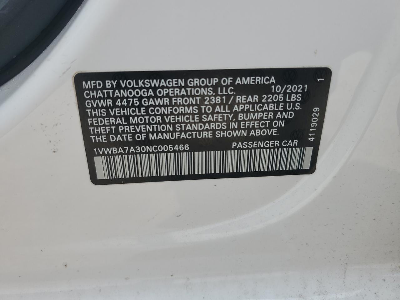 2022 Volkswagen Passat Limited Edition VIN: 1VWBA7A30NC005466 Lot: 83856305