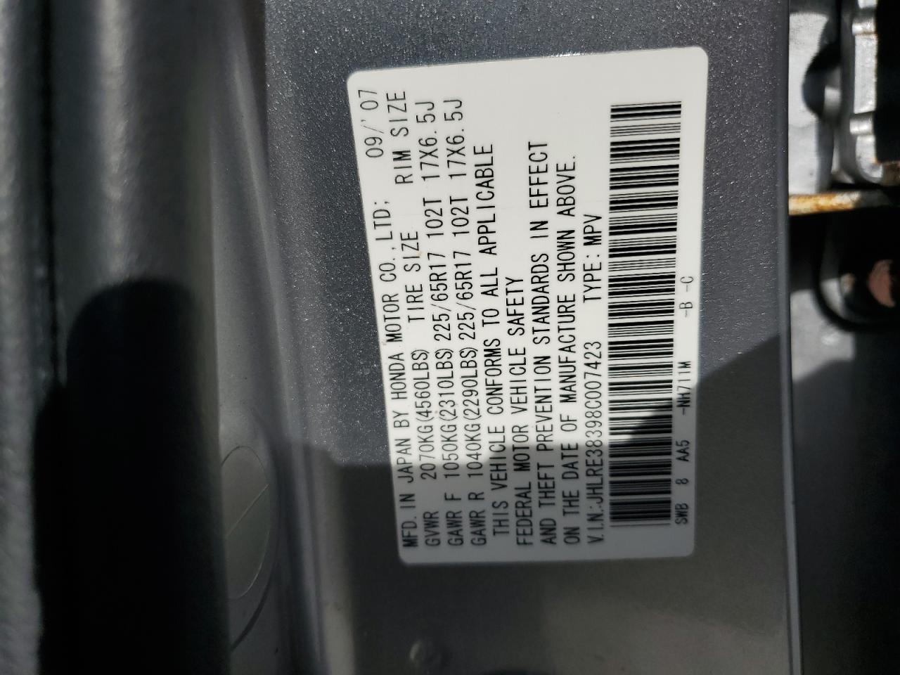 2008 Honda Cr-V Lx VIN: JHLRE38398C007423 Lot: 80550525