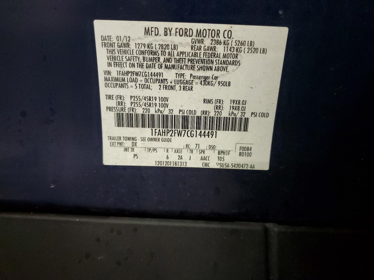 2012 Ford Taurus Limited VIN: 1FAHP2FW7CG144491 Lot: 80407755