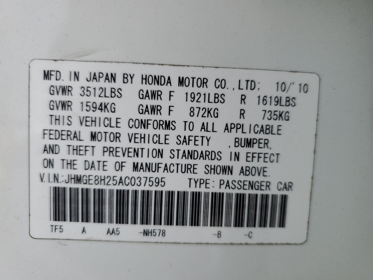 2010 Honda Fit VIN: JHMGE8H25AC037595 Lot: 83799495