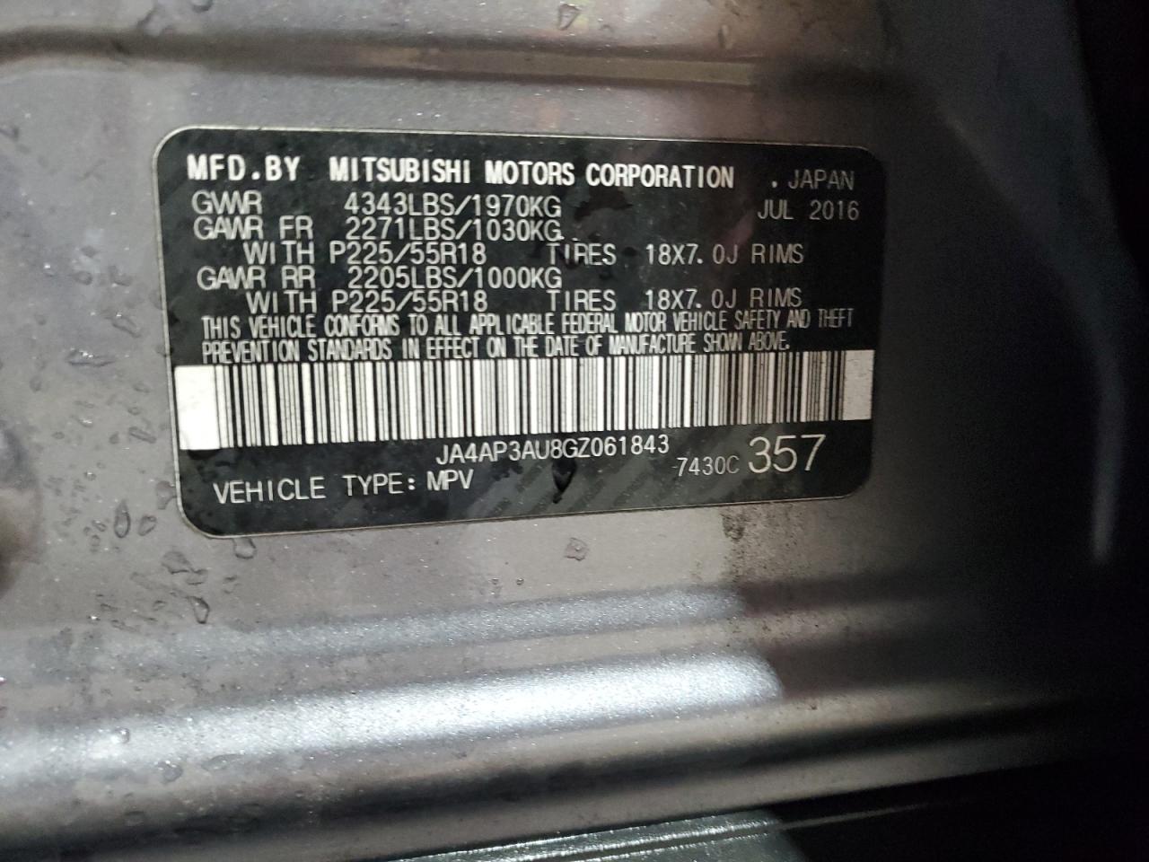 2016 Mitsubishi Outlander Sport Es VIN: JA4AP3AU8GZ061843 Lot: 84754905