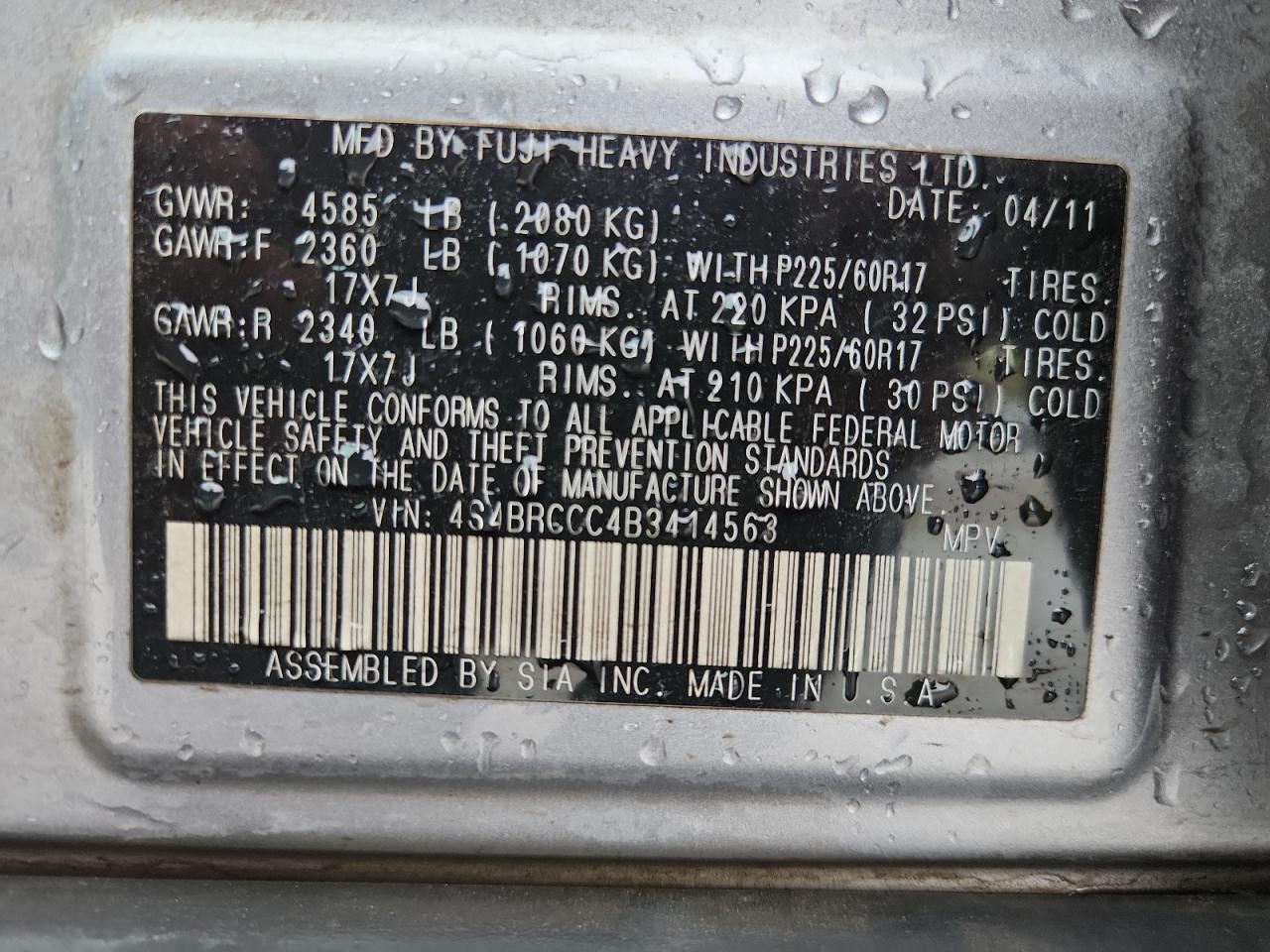 2011 Subaru Outback 2.5I Premium VIN: 4S4BRCCC4B3414563 Lot: 81666835