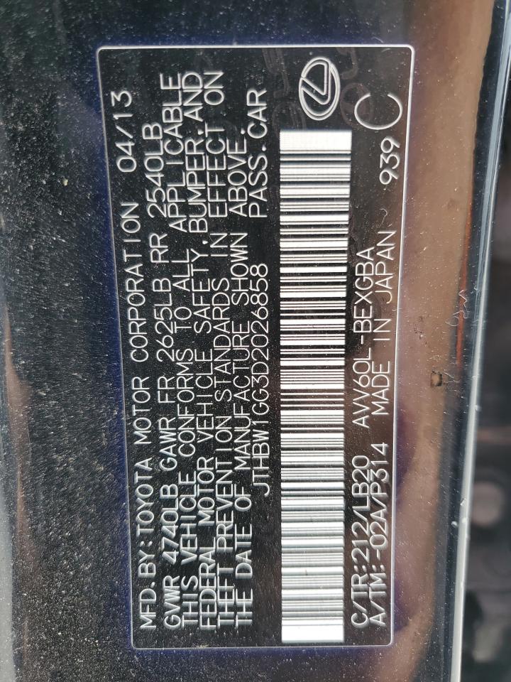 2013 Lexus Es 300H VIN: JTHBW1GG3D2026858 Lot: 84038515