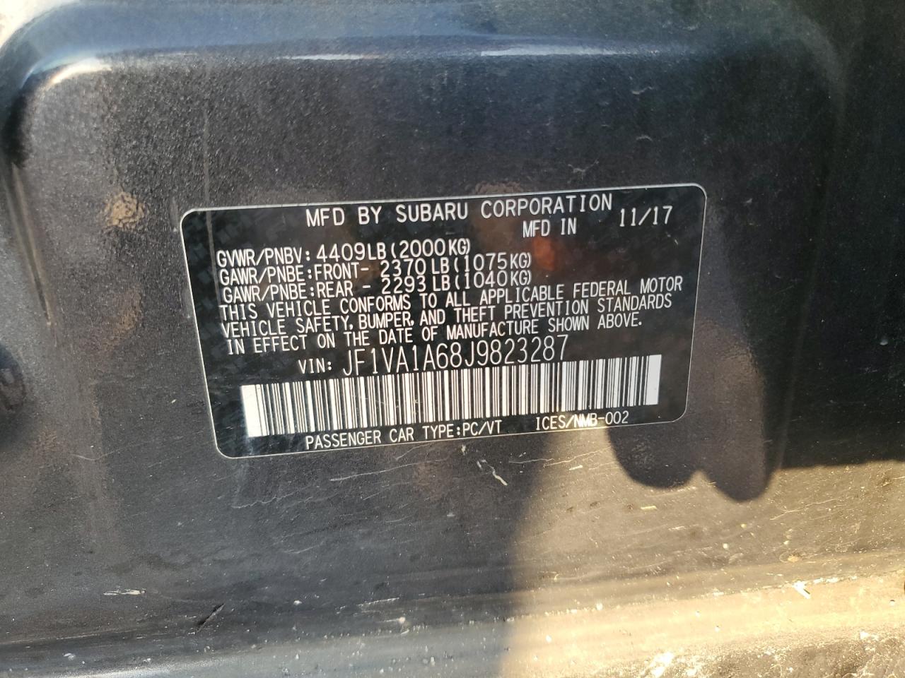 2018 Subaru Wrx VIN: JF1VA1A68J9823287 Lot: 84642505