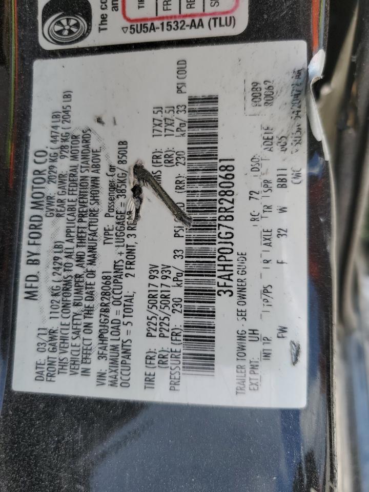 2011 Ford Fusion Sel VIN: 3FAHP0JG7BR280681 Lot: 80447885