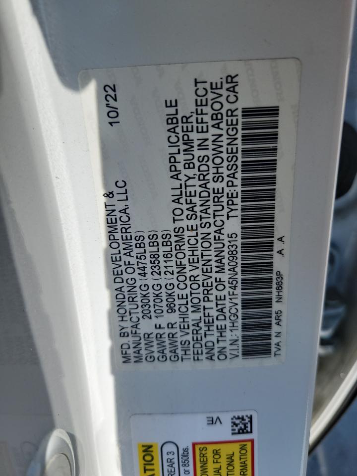 2022 Honda Accord Sport Se VIN: 1HGCV1F45NA098315 Lot: 81513225