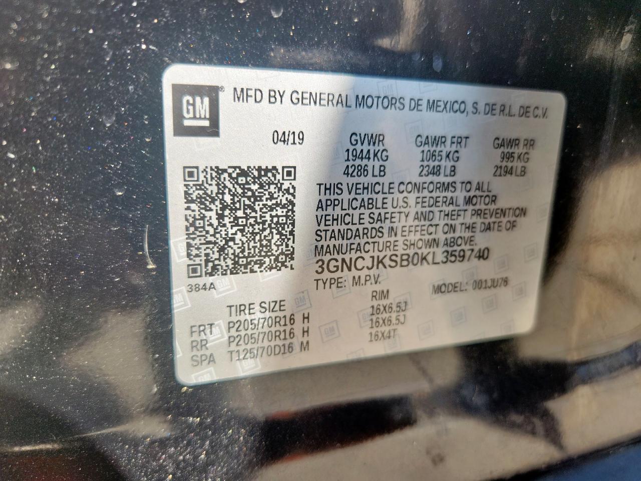 2019 Chevrolet Trax Ls VIN: 3GNCJKSB0KL359740 Lot: 84007695