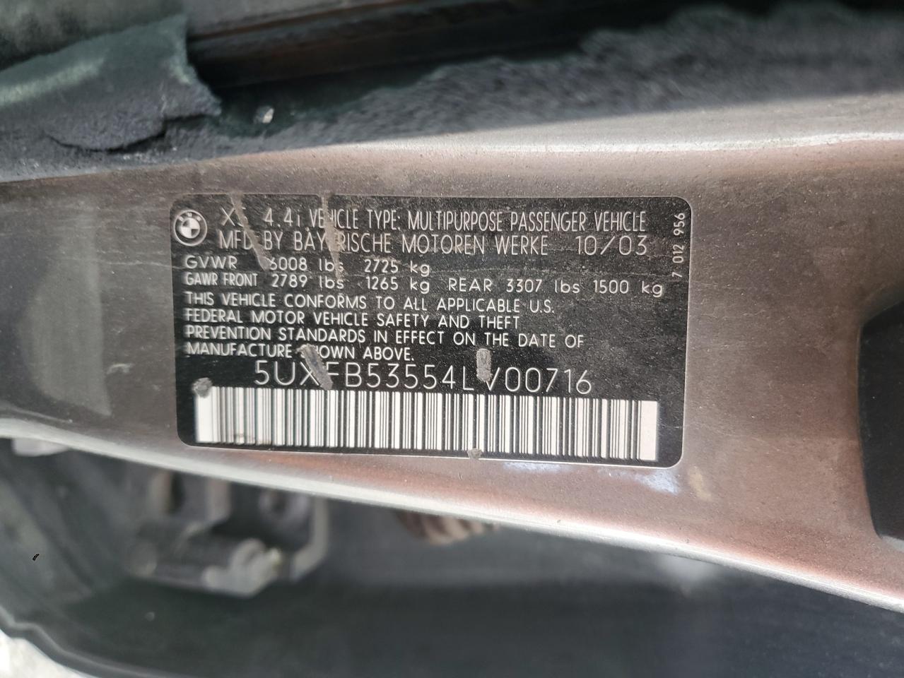 2004 BMW X5 4.4I VIN: 5UXFB53554LV00716 Lot: 71087625