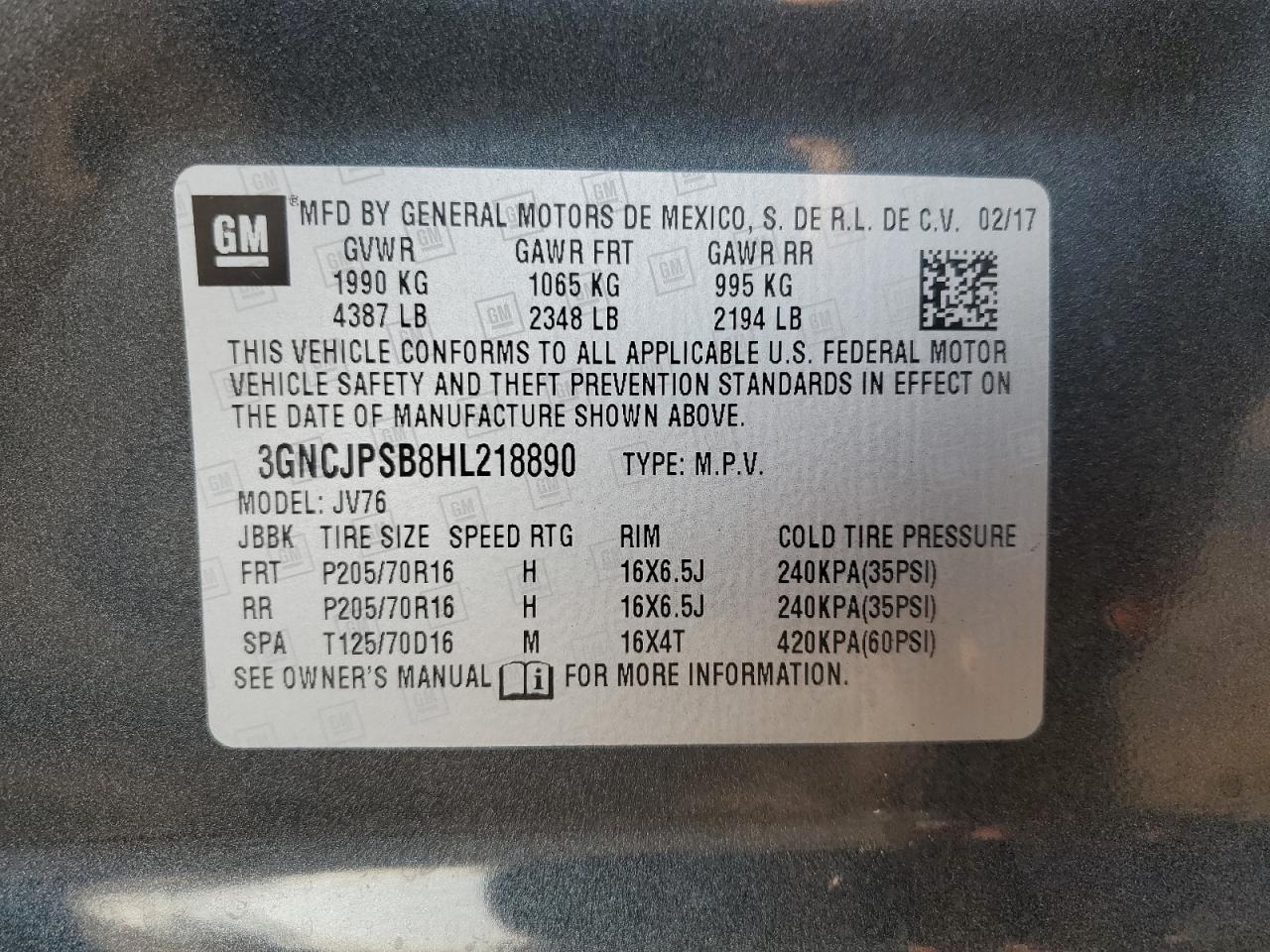 2017 Chevrolet Trax 1Lt VIN: 3GNCJPSB8HL218890 Lot: 81333575