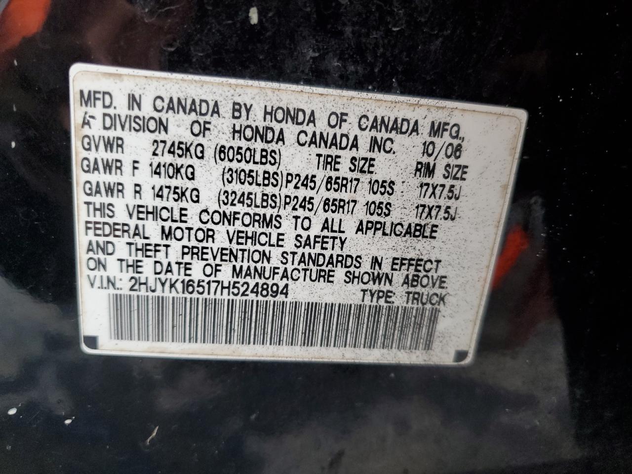 2007 Honda Ridgeline Rtl VIN: 2HJYK16517H524894 Lot: 81287235