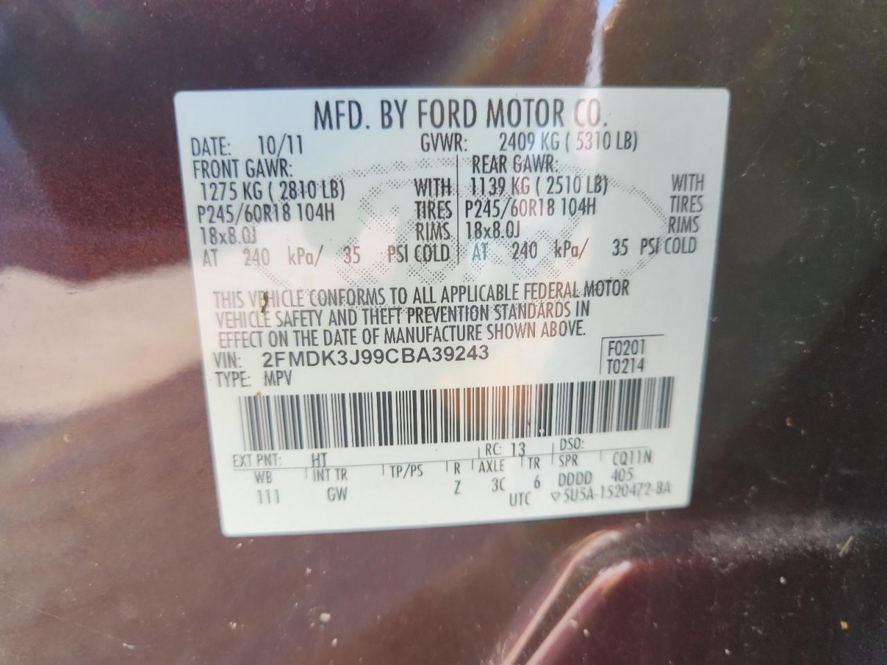 2012 Ford Edge Sel VIN: 2FMDK3J99CBA39243 Lot: 80640955