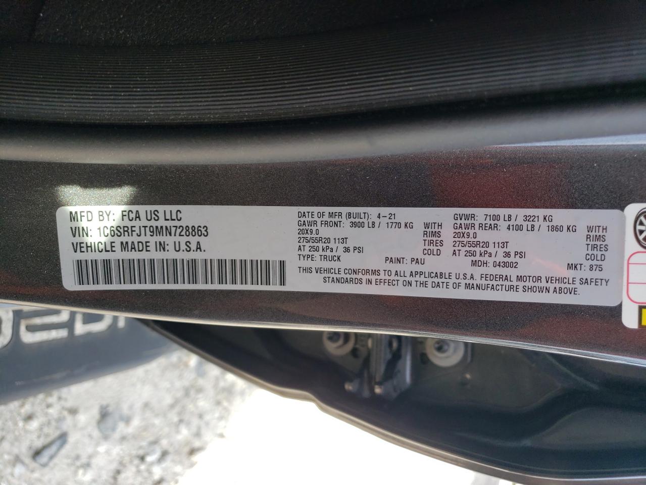 2021 Ram 1500 Laramie VIN: 1C6SRFJT9MN728863 Lot: 80180425