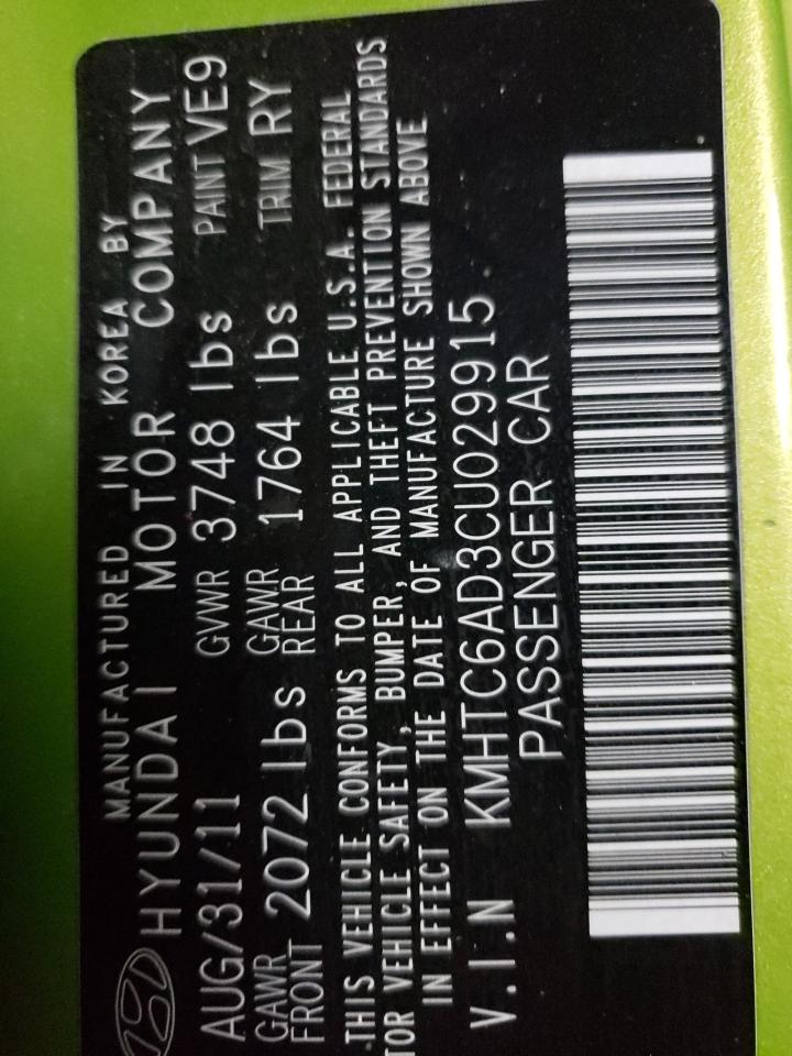 2012 Hyundai Veloster VIN: KMHTC6AD3CU029915 Lot: 81348125