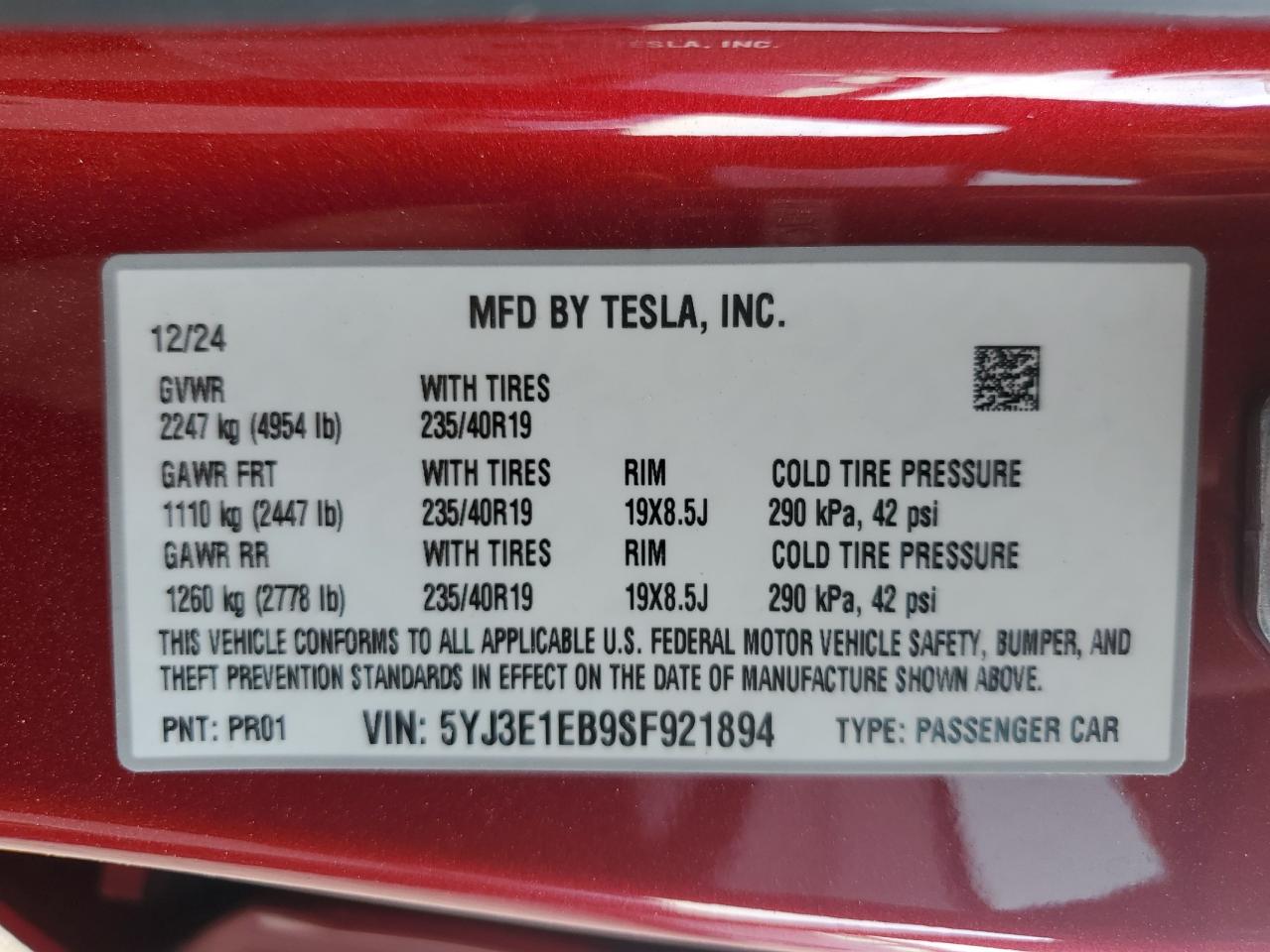 2025 Tesla Model 3 VIN: 5YJ3E1EB9SF921894 Lot: 81476205