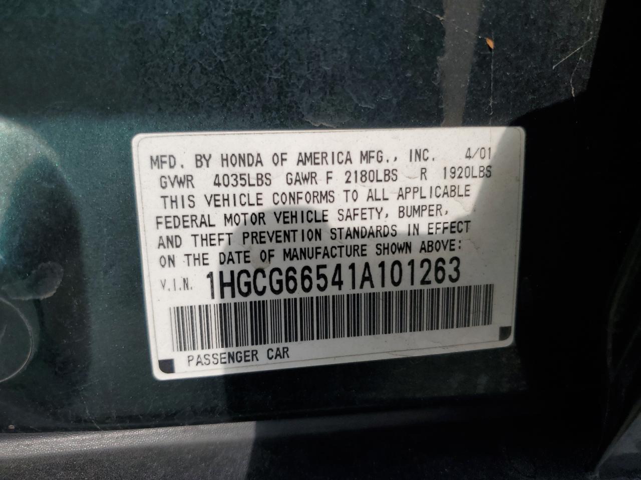 2001 Honda Accord Lx VIN: 1HGCG66541A101263 Lot: 71719075