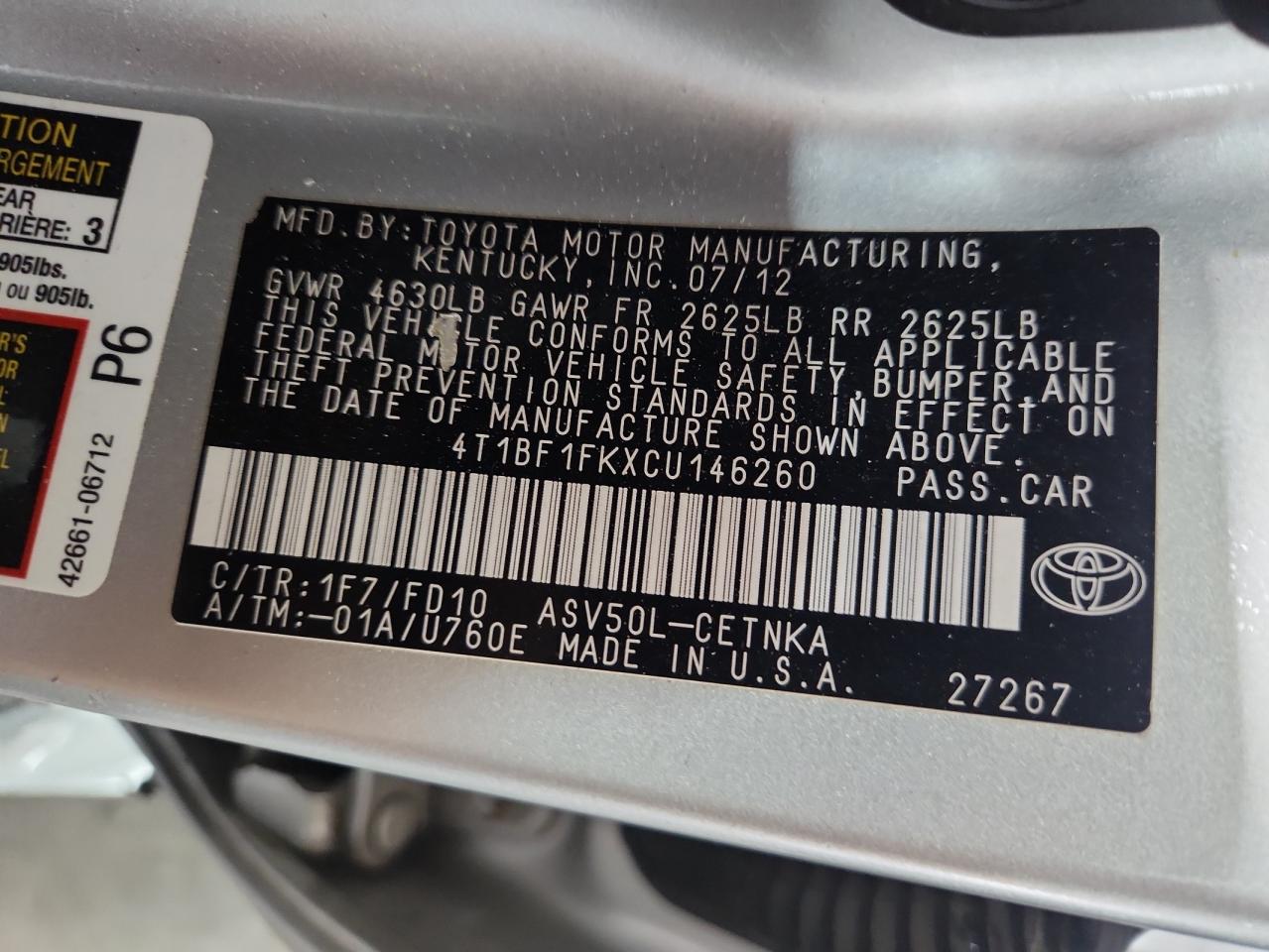 2012 Toyota Camry Base VIN: 4T1BF1FKXCU146260 Lot: 82135205