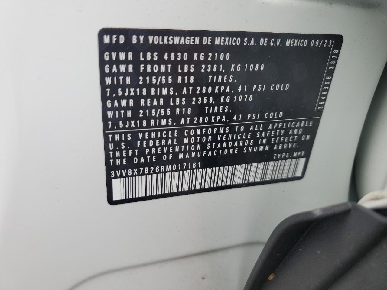 2024 Volkswagen Taos S VIN: 3VV8X7B26RM017161 Lot: 81451845