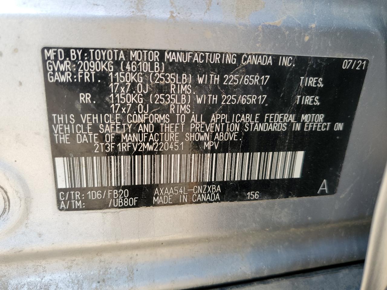 2021 Toyota Rav4 Le VIN: 2T3F1RFV2MW220451 Lot: 84593535