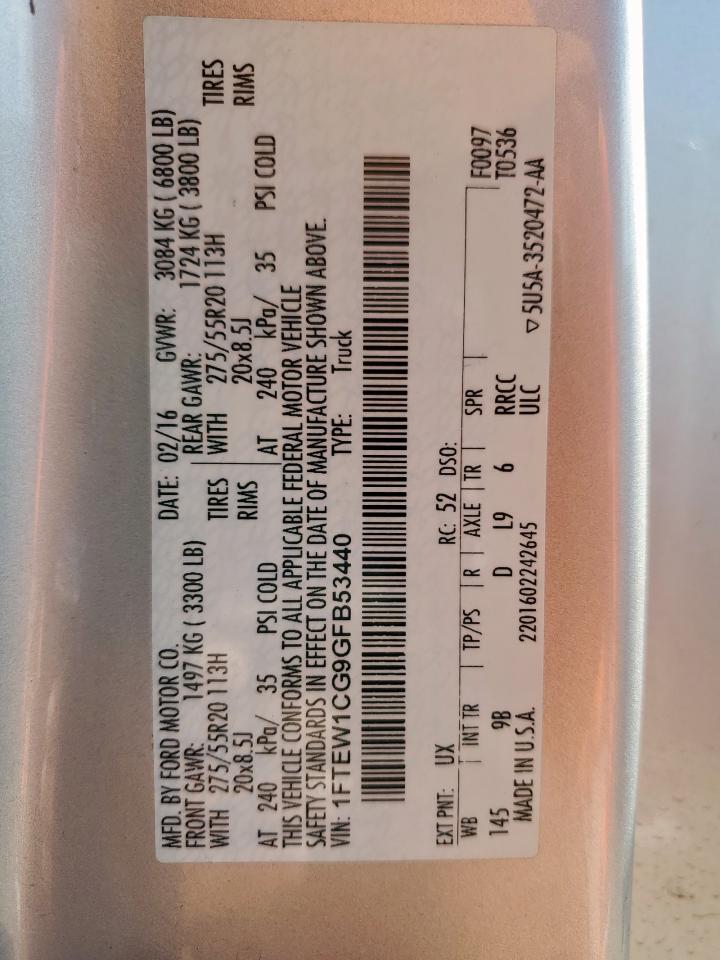 2016 Ford F150 Supercrew VIN: 1FTEW1CG9GFB53440 Lot: 82077305