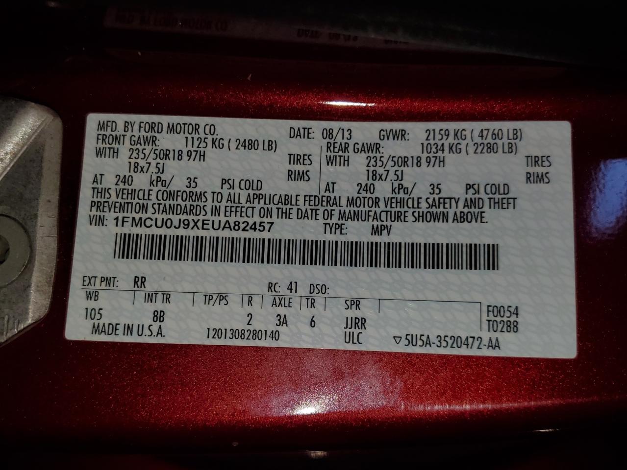 2014 Ford Escape Titanium VIN: 1FMCU0J9XEUA82457 Lot: 84769135