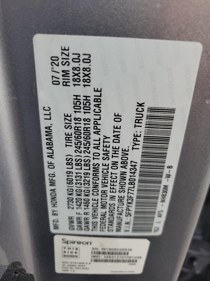 2020 Honda Ridgeline Rtl VIN: 5FPYK3F77LB014347 Lot: 83845335