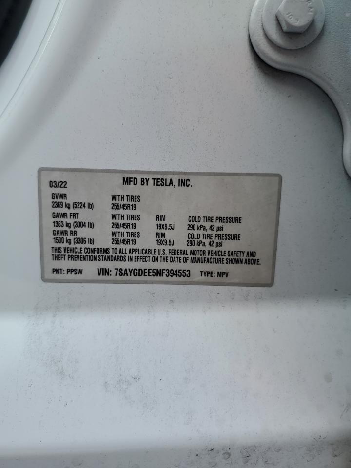 2022 Tesla Model Y VIN: 7SAYGDEE5NF394553 Lot: 71549925