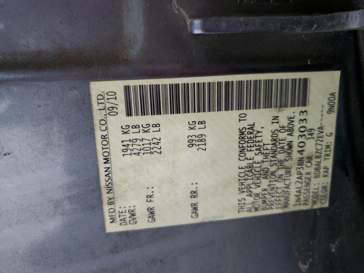 2011 Nissan Altima Base VIN: 1N4AL2AP3BN403033 Lot: 72102545