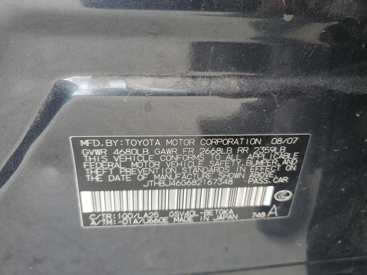 2008 Lexus Es 350 VIN: JTHBJ46G682167348 Lot: 84052065